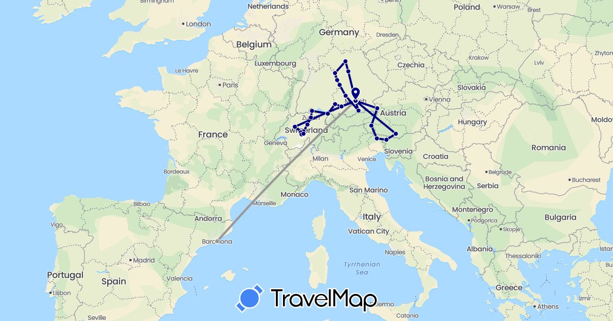 TravelMap itinerary: driving, plane in Austria, Switzerland, Germany, Spain, Italy, Slovenia (Europe)